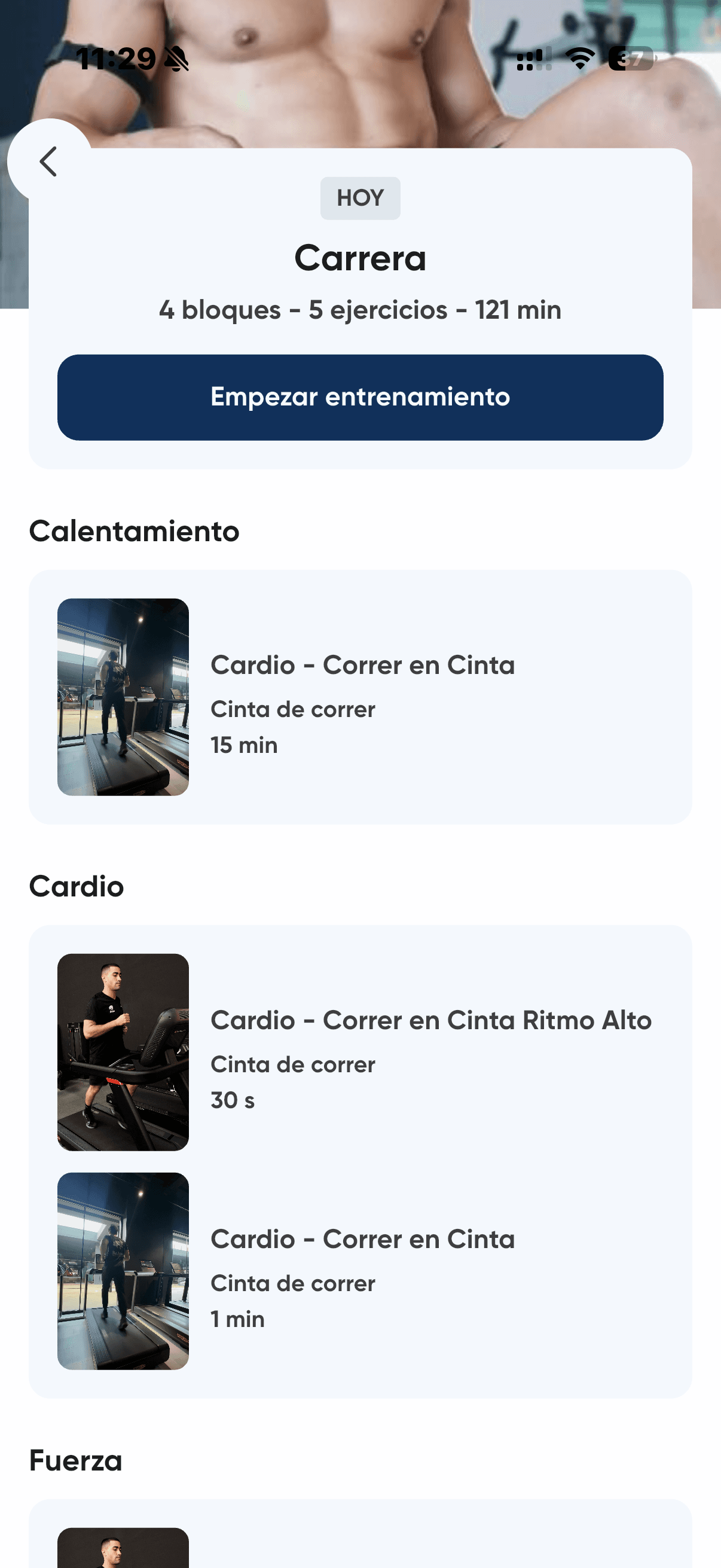 Sesión de entrenamiento en la app Pacomont